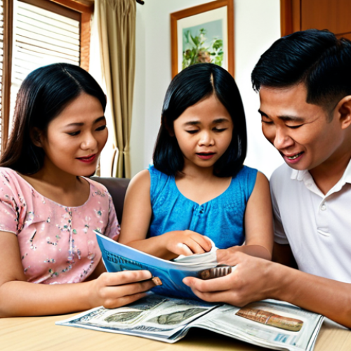Home 11 **
* **Prompt:** A Malaysian family reviewing their investment portfolio, showing diverse options like a savings account passbook, government bond certificate, and Syariah-compliant investment brochure. The setting is a modern Malaysian home.
**