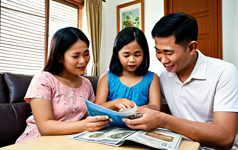 **
* **Prompt:** A Malaysian family reviewing their investment portfolio, showing diverse options like a savings account passbook, government bond certificate, and Syariah-compliant investment brochure. The setting is a modern Malaysian home.
**