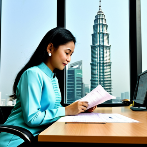 Business & Finance**

"A well-dressed businesswoman in a modest baju kurung, seated at a modern desk in a bright Kuala Lumpur office with the Petronas Twin Towers visible through the window. She is reviewing financial documents.  Professional attire, fully clothed, safe for work, appropriate content, perfect anatomy, correct proportions, natural pose, high-resolution, professional lighting, family-friendly."

**
